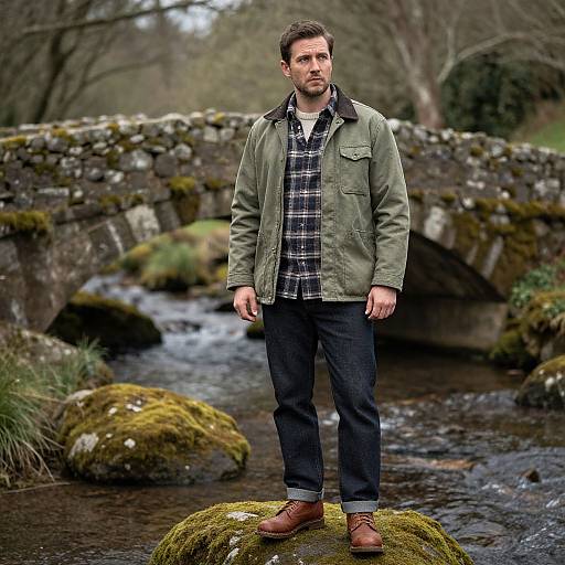 Photograph of a bearded man in a green jacket, plaid shirt, and brown boots standing on a mossy rock in a forest stream,