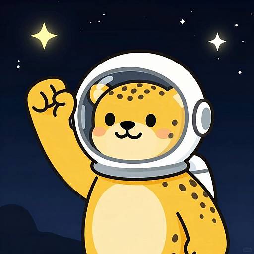 Cartoon cheetah in white spacesuit waving under a starry night sky, with two bright stars in the background. Cute, digital art style