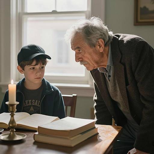 Elderly Man Teaching Young Boy with Books