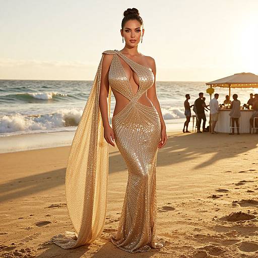 Glamorous Woman in Golden Sunset Gown