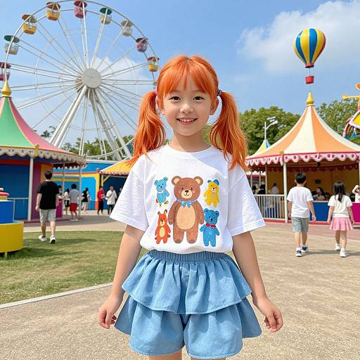 Photograph of a smiling, red-haired girl with pigtails, wearing a white bear shirt and blue ruffled shorts, at a colorful carnival with