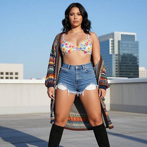 Photograph of a young woman with medium skin tone, black wavy hair, floral bikini top, denim shorts, fringed cardigan, and black