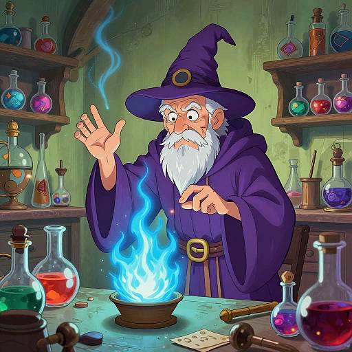 Cartoon wizard with white beard, purple robe, and hat, conjuring blue flames over a cauldron in a colorful, cluttered alchemy