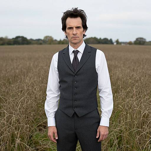 Photograph of a serious, middle-aged man with dark hair, wearing a white shirt and black pinstripe vest with tie, standing in a tall