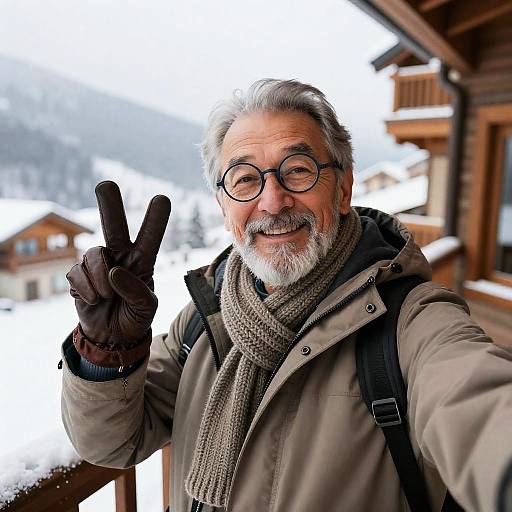 Elderly Man Selfie on Snowy Lodge Balcony