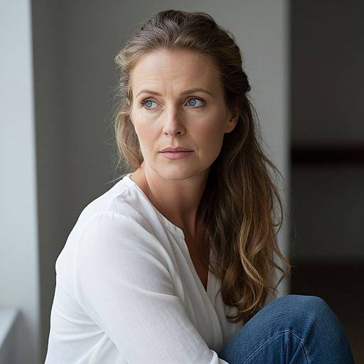Photograph of a focused, blue-eyed, middle-aged woman with wavy brown hair, wearing a white blouse and blue jeans, seated indoors against a