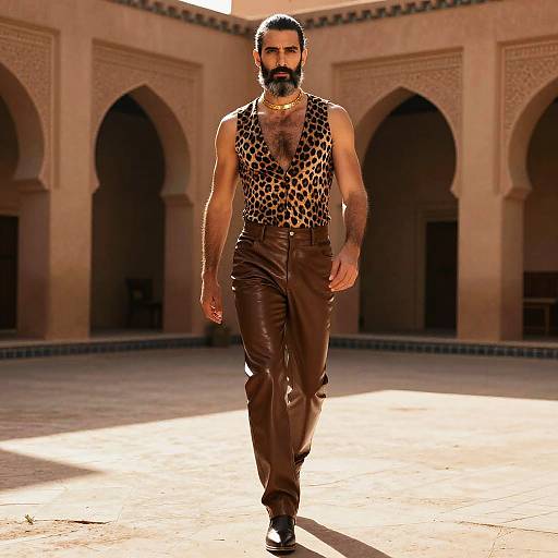 Photograph of a muscular, bearded man with dark hair, wearing a leopard-print tank top, brown leather pants, and black shoes, walking confidently