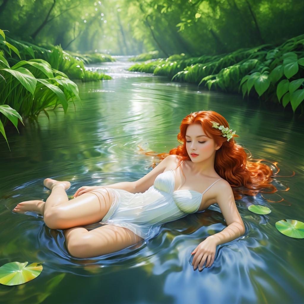 Serene Auburn-Haired Nymph in Stream