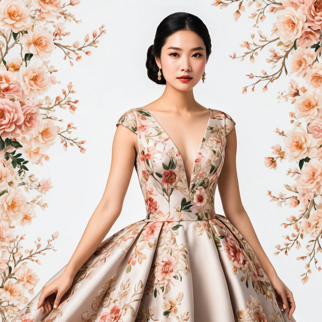 Sophisticated Asian Woman in Floral Gown