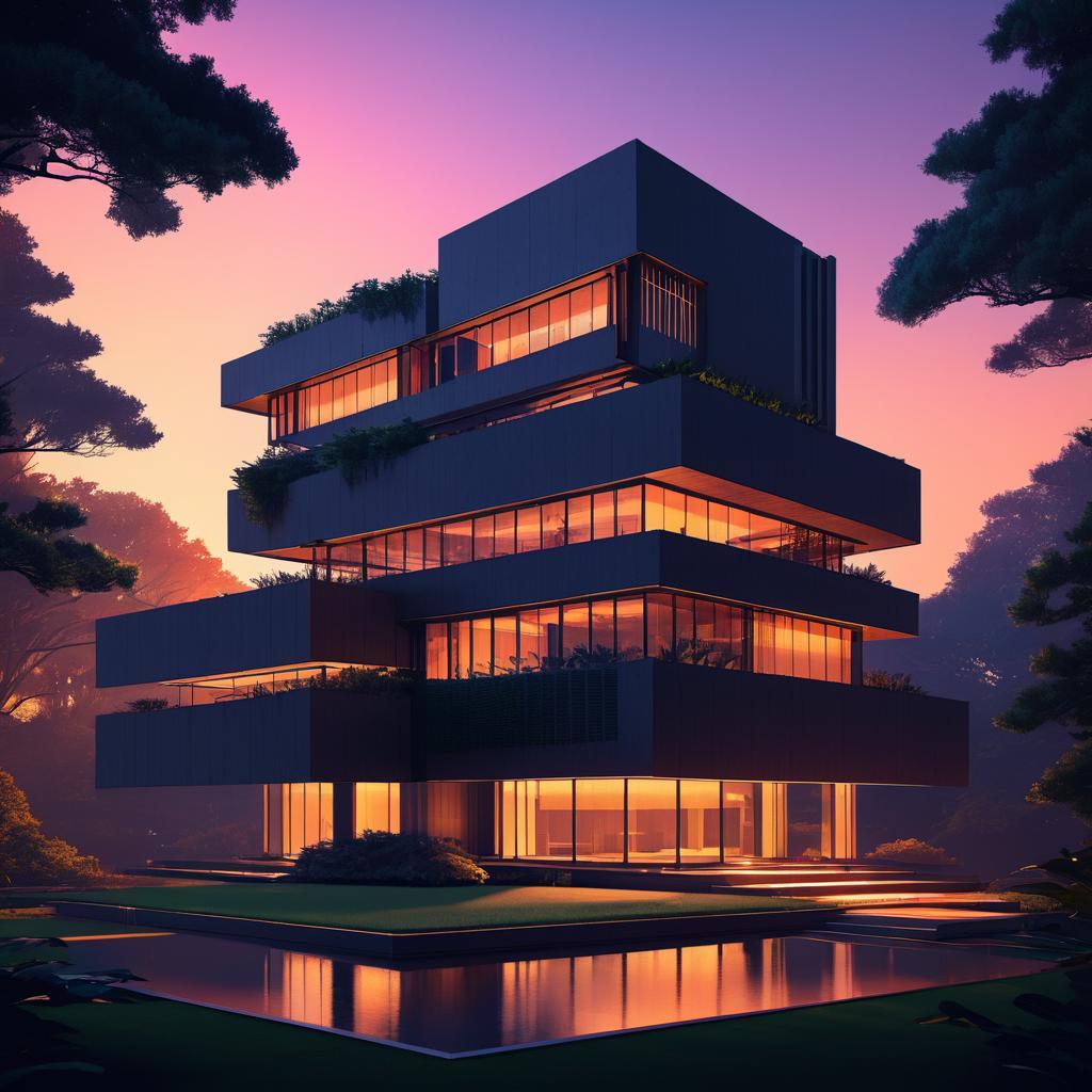 Luxurious Brutalist House at Sunset