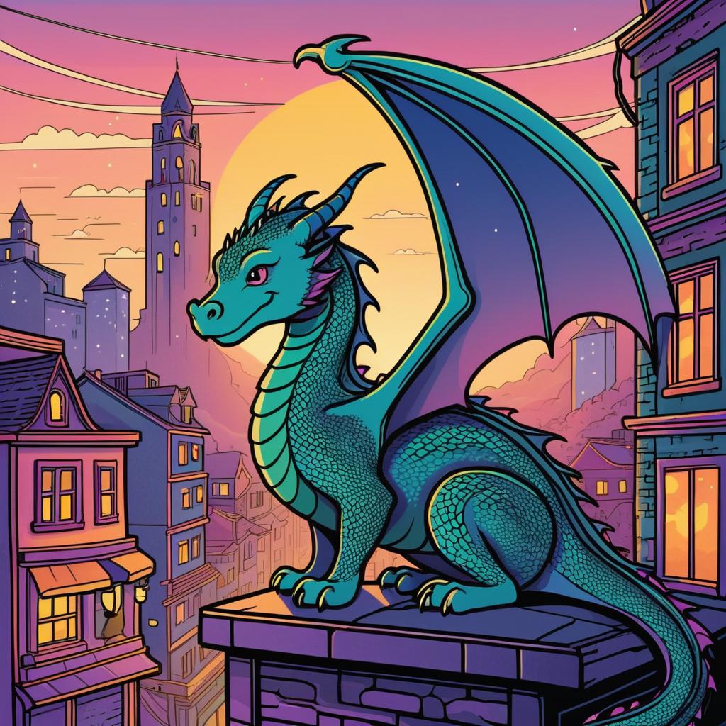 Whimsical Dragon in Twilight Cityscape