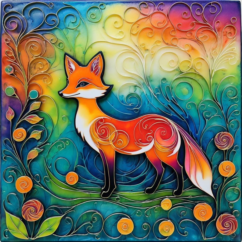 Whimsical Abstract Fox in Encaustic Wonderland