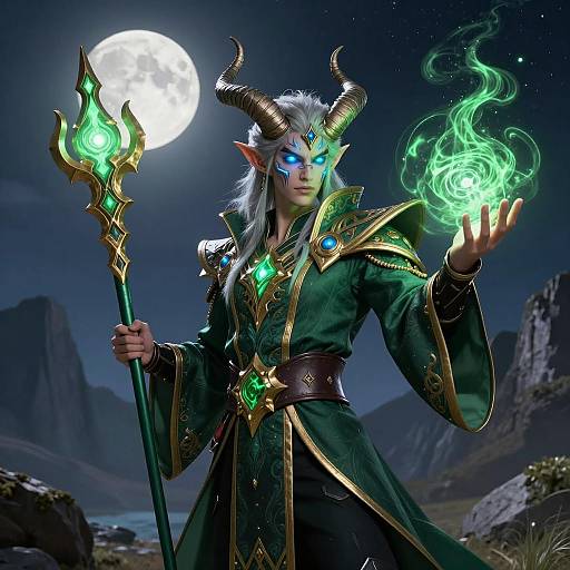 Fantasy Sorcerer with Magical Staff and Green Energy