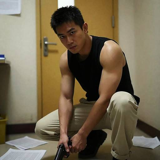 Muscular Man Holding Gun in Dim Room