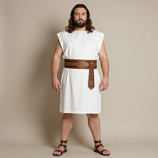 Photograph of a bearded man with long brown hair, wearing a white Greek-style tunic, brown leather belt, and sandals, standing against a