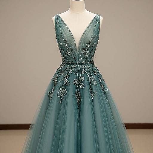 Photograph of a teal, sleeveless, V-neck ball gown with intricate beadwork and floral embroidery on the bodice and skirt, displayed on a