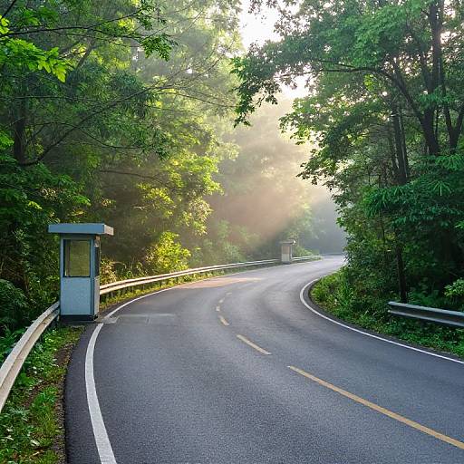Photograph of a winding, wet forest road with a small, gray bus stop shelter on the left, surrounded by lush green trees and sunlight filtering through