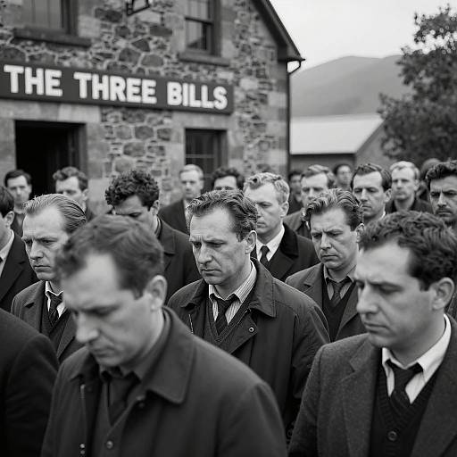 Somber Crowd of Men Outside Stone Building