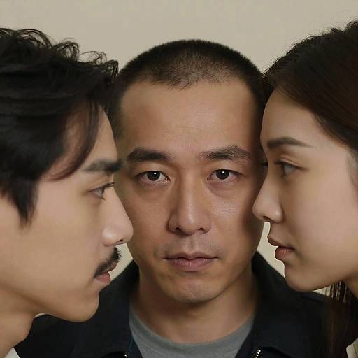 Intense Close-Up of Three Asian Adults Facing Each Other