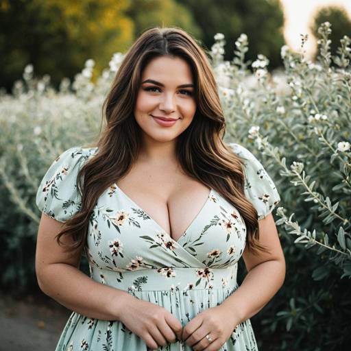 Smiling Woman in Sage Floral Plus Size Dress Outdoors