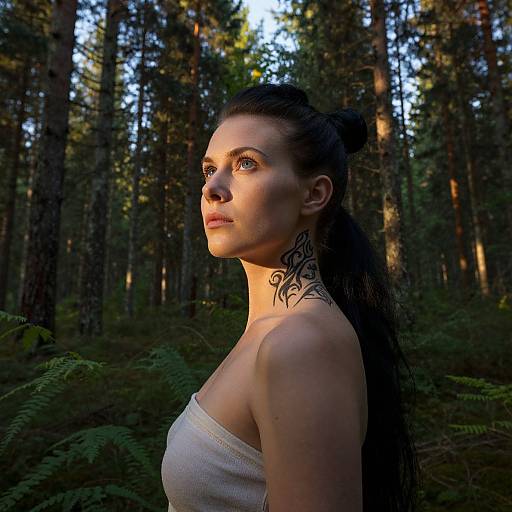 Photograph of a woman with long dark hair, tribal neck tattoo, white strapless top, standing in a sunlit forest, ferns in foreground