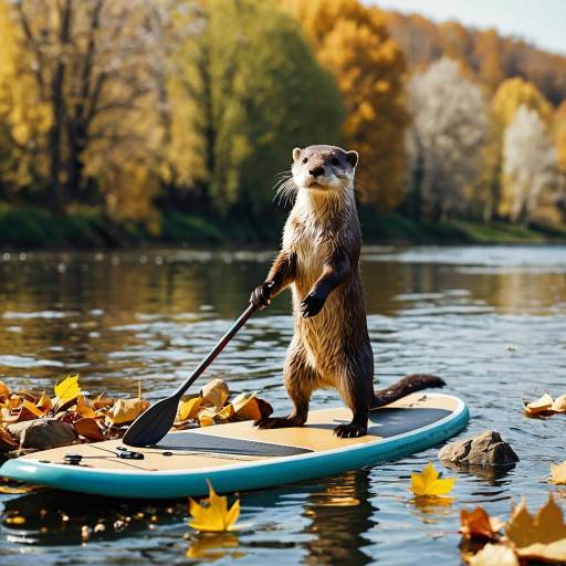 Otter on Paddleboard in Autumn River