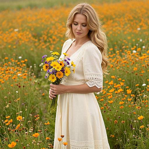 Photograph of a blonde woman with wavy hair, wearing a white lace dress, holding a bouquet of yellow and purple flowers in a vibrant orange and