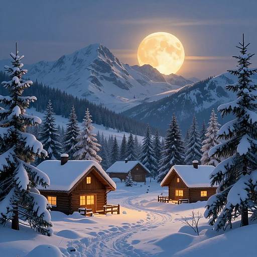 Photograph of a snowy mountain village at night, with illuminated wooden cabins, moonlit peaks, and a large, glowing full moon in the clear sky