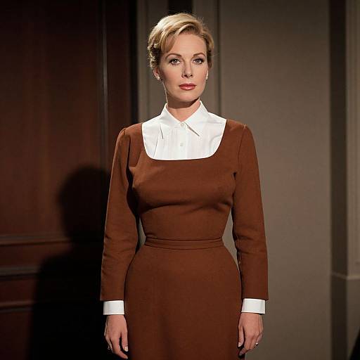 Photograph of a blonde woman with short hair, wearing a brown, long-sleeved dress with a white collared shirt, standing against a dark