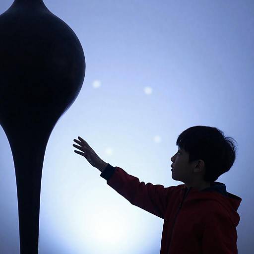 Boy Reaching Toward Dark Abstract Sculpture