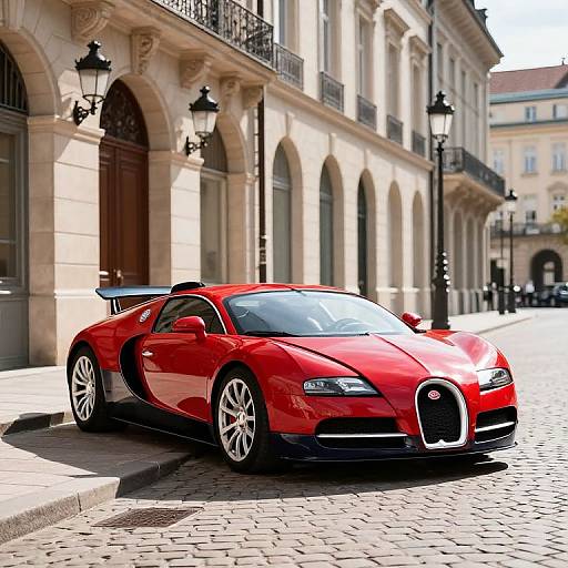 Red Bugatti Veyron on Cobblestone Street