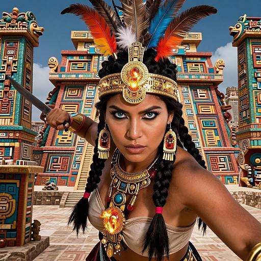 Photograph of an intense, dark-skinned woman with black braids, wearing a colorful feathered headdress, gold jewelry, and a beige top