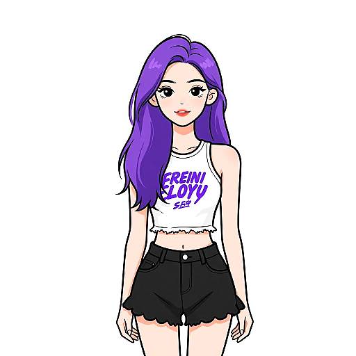 Digital anime-style drawing of a young woman with long purple hair, wearing a white 