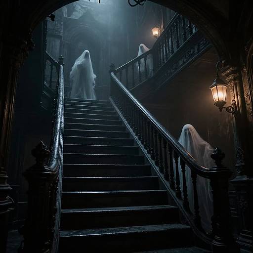 Mysterious photograph of two ghostly figures on a dark, foggy, ornate staircase, illuminated by a glowing lantern.