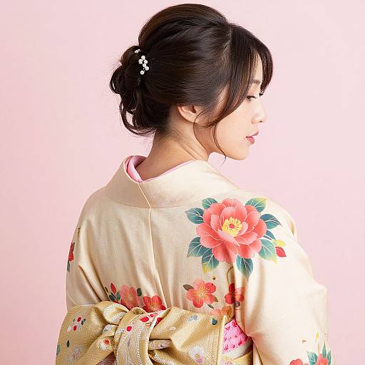 Photograph of an Asian woman in a traditional, floral-embroidered, beige kimono with a gold obi, her black hair styled in