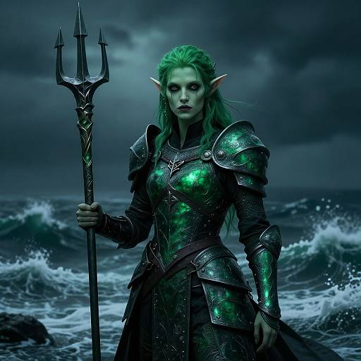 Digital artwork of a green-haired, elven warrior with pointed ears, clad in glowing green armor, holding a trident, standing in a stormy