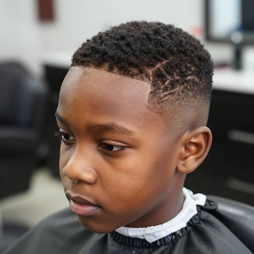 Photograph of a young Black boy with short, neatly braided hair in a barbershop, wearing a black barber cape with a white collar.