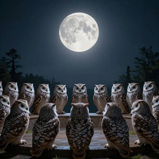 Photograph of twelve realistic owls with detailed feathers, sitting in a row under a bright full moon in a dark, starry night sky. Sil