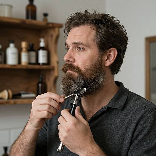 Photograph of a bearded man with curly brown hair, wearing a black polo shirt, trimming his beard with a metal trimmer in a rustic bar