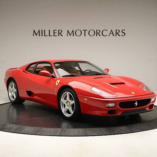 Photograph of a vibrant red Maserati MC12 sports car on a black circular pedestal, with 