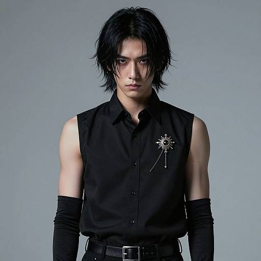 Photograph of an Asian man with messy black hair, wearing a sleeveless black shirt, black gloves, and a sun-themed brooch. Gray background