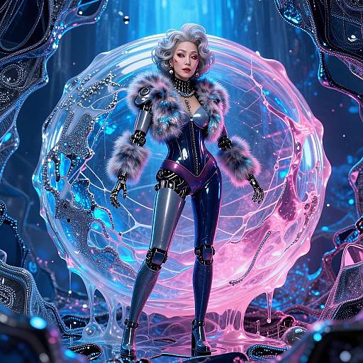 Digital artwork of a futuristic, silver-haired woman in a black latex bodysuit with fur trim, standing in a glowing, neon-blue and pink circular