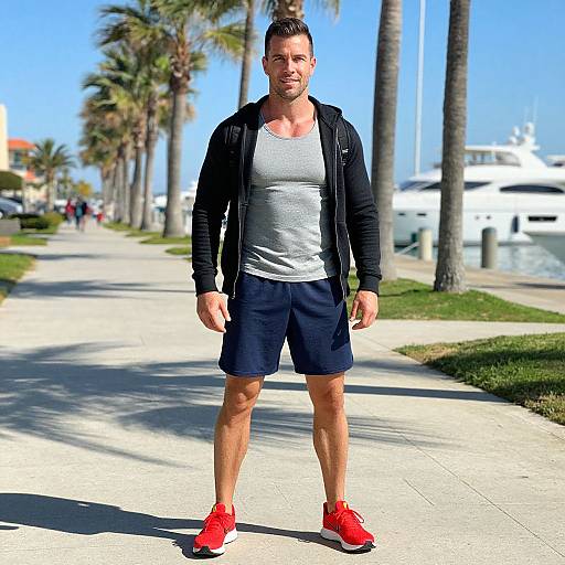 Photograph of a muscular, bearded man in a black jacket, gray tank top, black shorts, and red sneakers, standing on a sunny,
