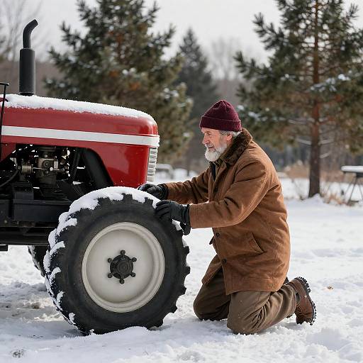 Bearded Man Kneeling by Snowy Tractor Wheel