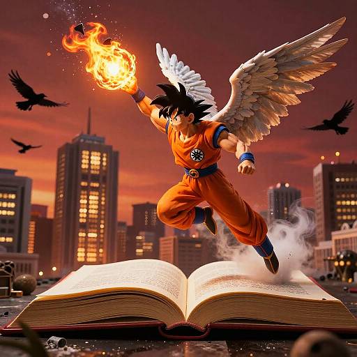 Digital art: Goku with angel wings, orange gi, and flaming fist, leaps from open book over cityscape at sunset, birds flying.