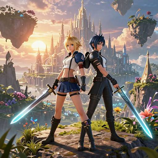 Digital anime artwork of a blonde woman and blue-haired man back-to-back, holding glowing swords, standing before a sunlit, floating castle.