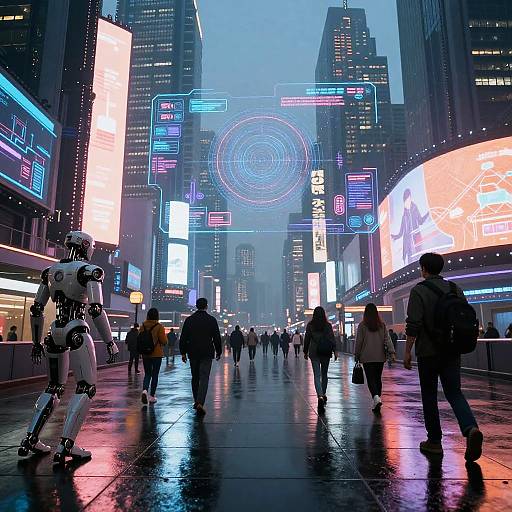 Neon-lit futuristic city street at night, people walking, robot on left, holographic circle overhead, skyscrapers, colorful digital billboards