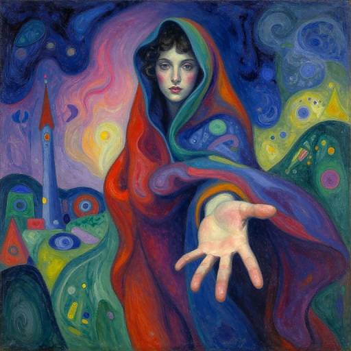 Vibrant, surreal painting of a woman with dark curly hair, red and blue hooded cloak, extended hand, colorful swirling background, and whims