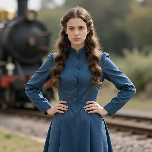 Determined Victorian Woman by Steam Train