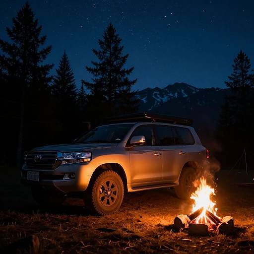 Photograph of a silver SUV parked beside a glowing campfire under a starry night sky, with silhouetted pine trees and snow-capped